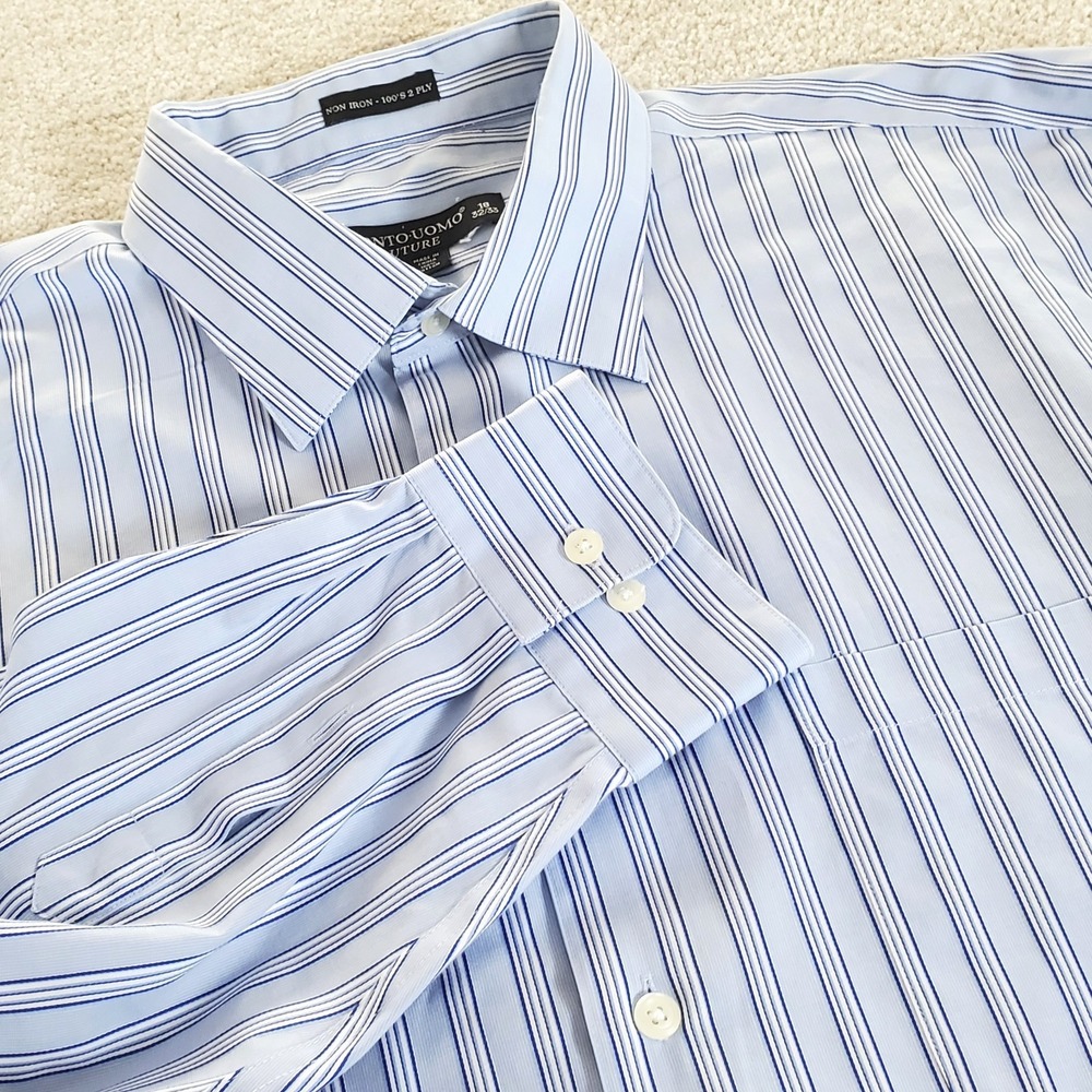 Pronto-Uomo Men's Button Up Shirt Size 18‎ 32/33 2XL Blue Striped Long Sleeve